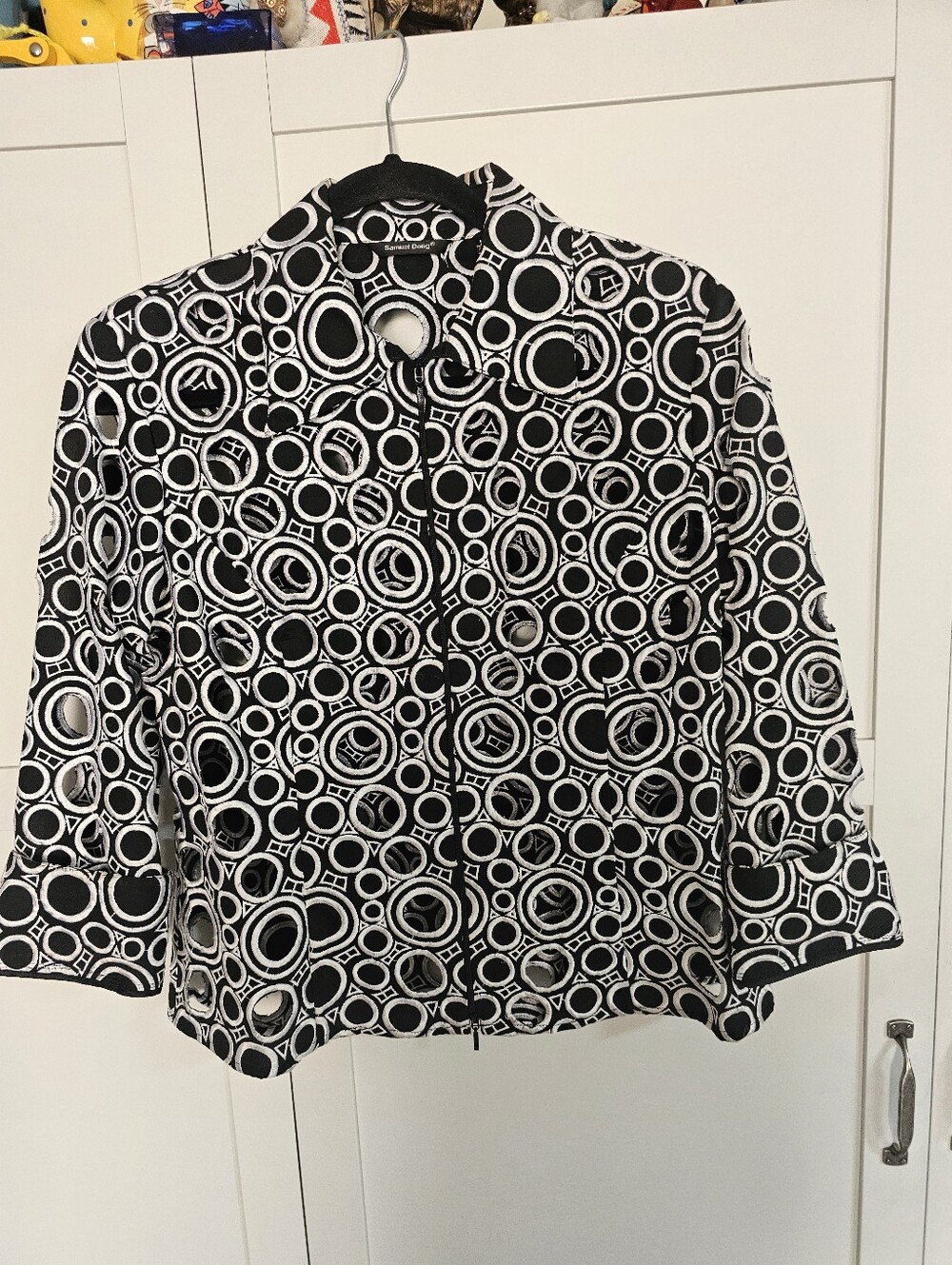 Samuel Dong Jacket M Medium Black White Laser Cut-out Geometric Zip Front Jacket